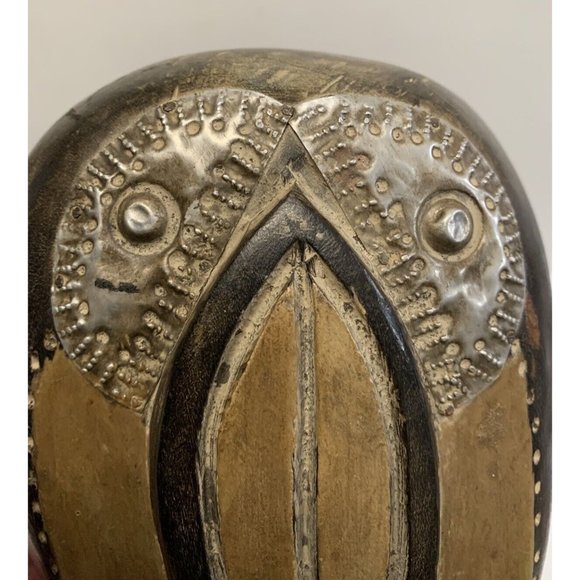 Carved Wooden Face Mask Metal Inlay Open Mouth Tribal Ethnic Cultural Decor READ - Picture 9 of 15